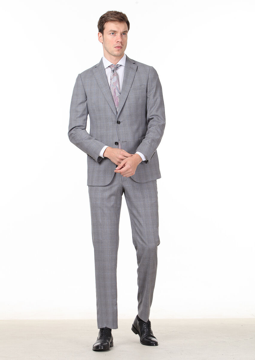 Grey Checkered Regular Fit 100% Wool Suit - 2