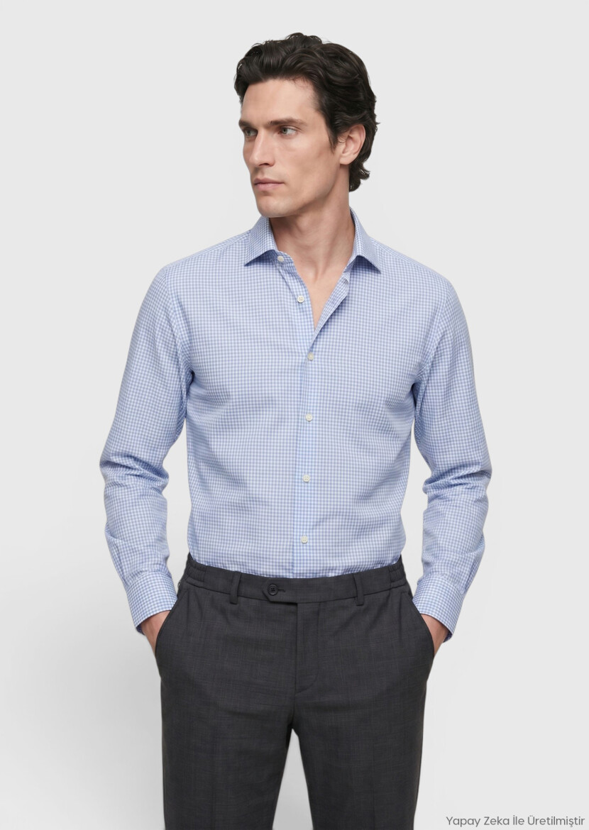 Grey Checkered Regular Fit Long Weaving Classical 100% Cotton Shirt - RAMSEY