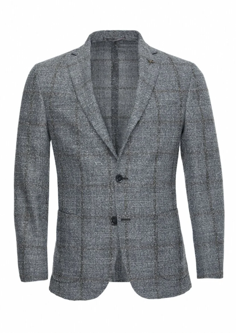 Grey Checkered Wool Blended Jacket - 1