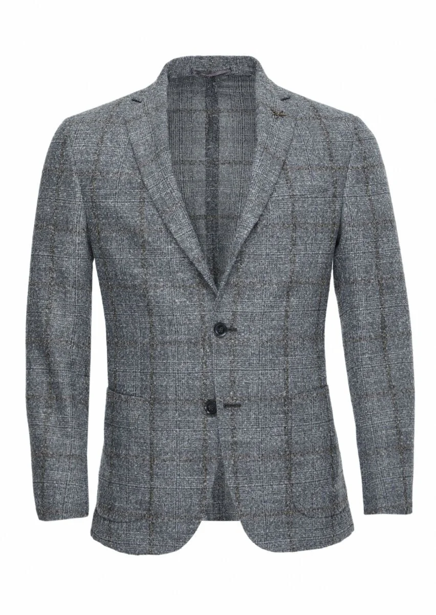 Grey Checkered Wool Blended Jacket - 1