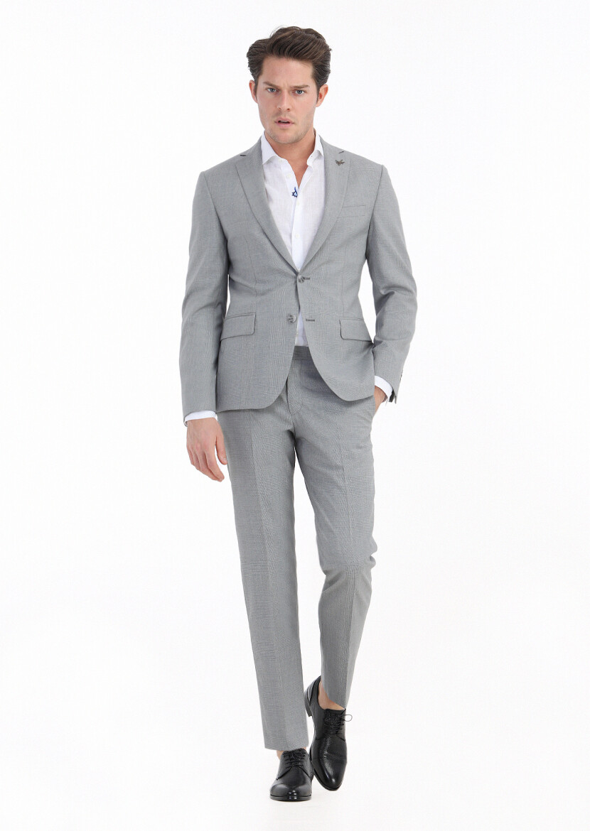 Grey Checkered Zeroweight Slim Fit 100% Wool Suit - 1