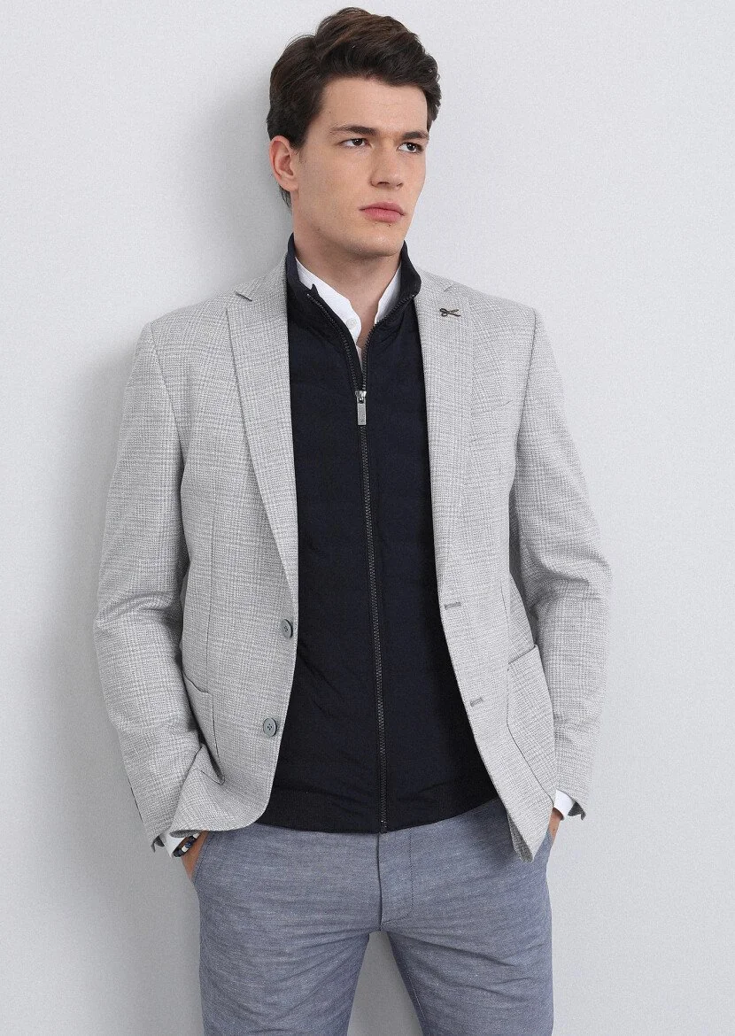 Grey Checkered Zeroweight Slim Fit Cotton Blended Jacket - 2