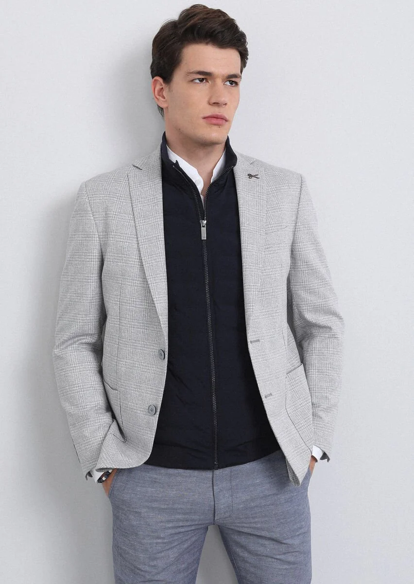 Grey Checkered Zeroweight Slim Fit Cotton Blended Jacket - 2