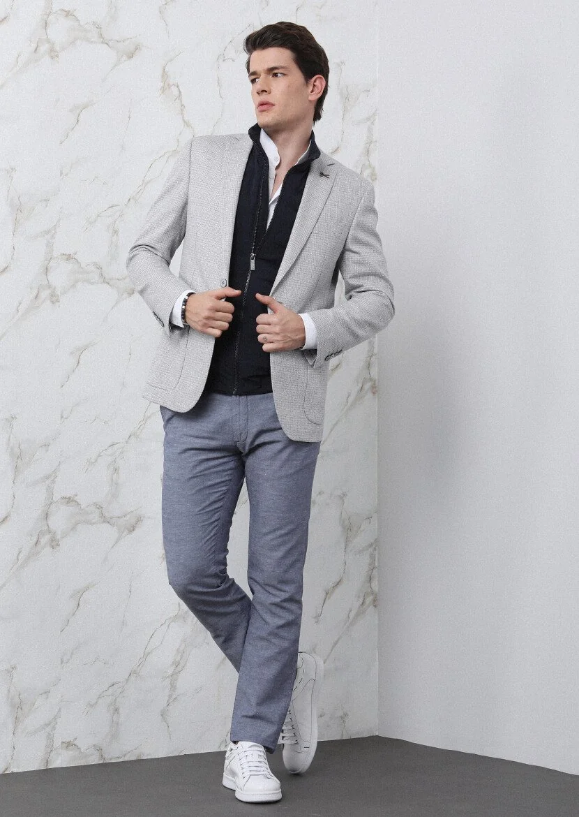 Grey Checkered Zeroweight Slim Fit Cotton Blended Jacket - 3