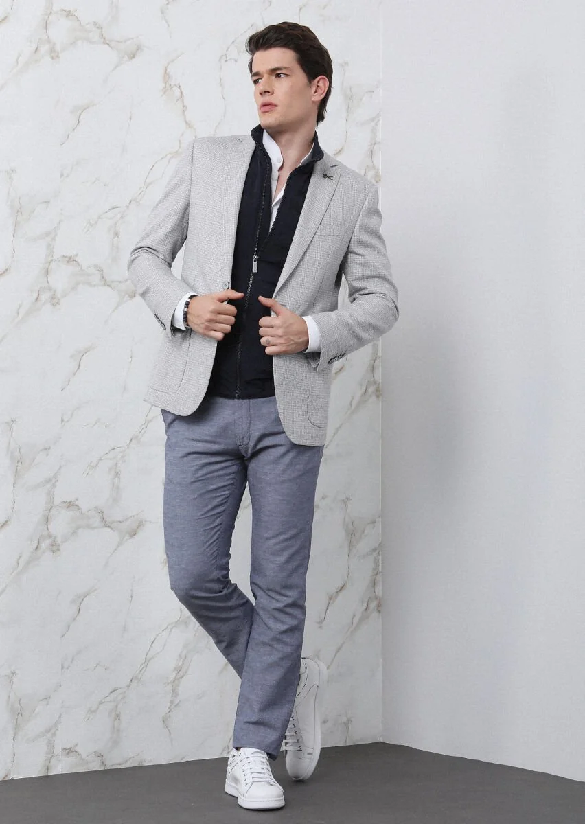 Grey Checkered Zeroweight Slim Fit Cotton Blended Jacket - 3
