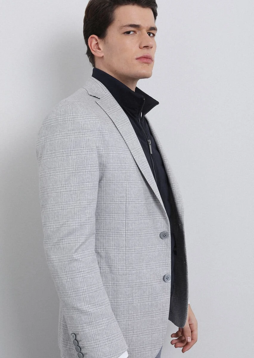 Grey Checkered Zeroweight Slim Fit Cotton Blended Jacket - 4