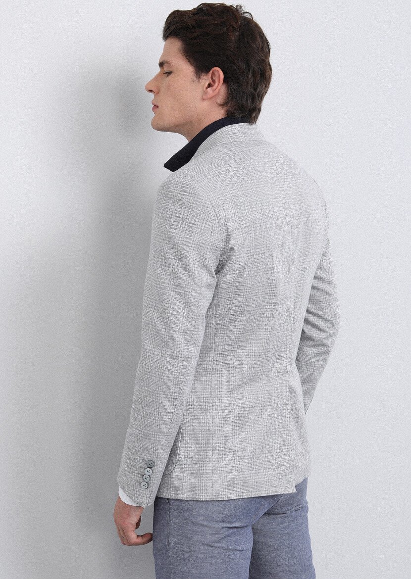 Grey Checkered Zeroweight Slim Fit Cotton Blended Jacket - 5