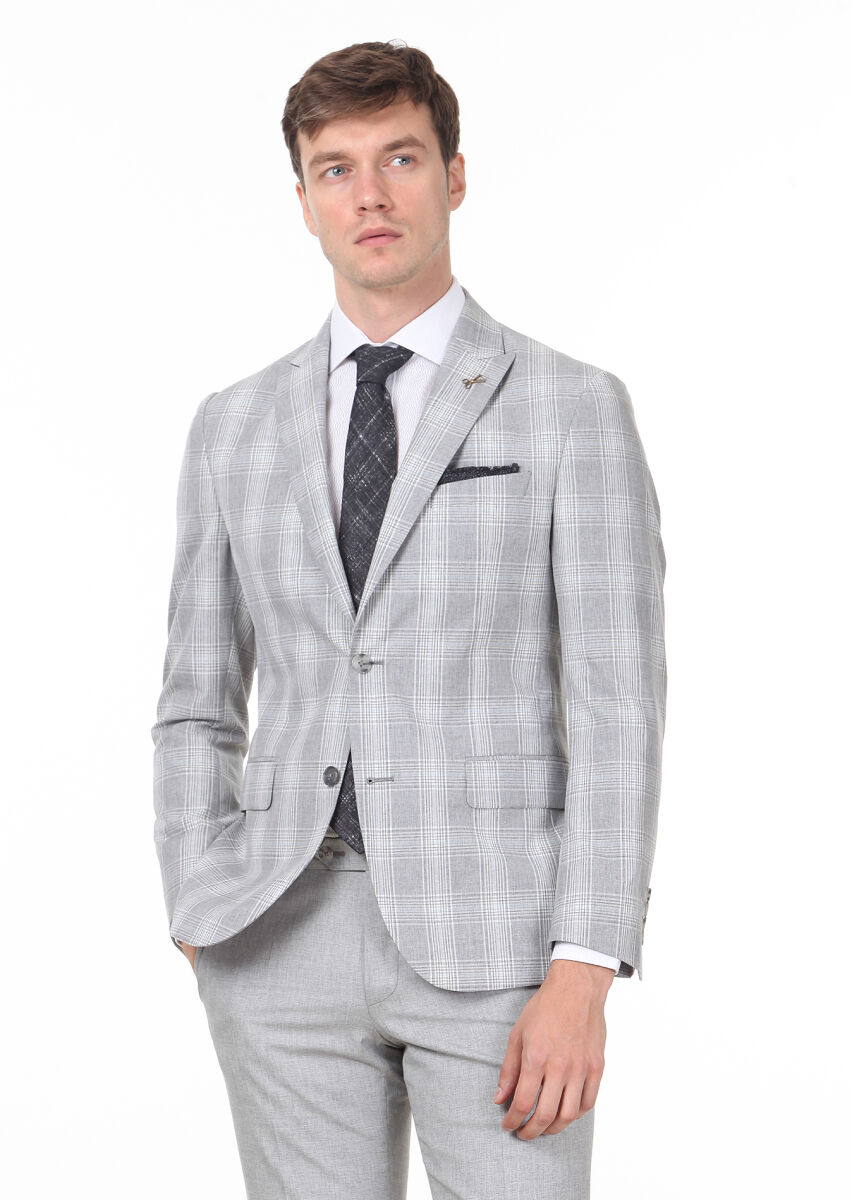 Grey Checkered Zeroweight Slim Fit Silk Blended Suit - 1