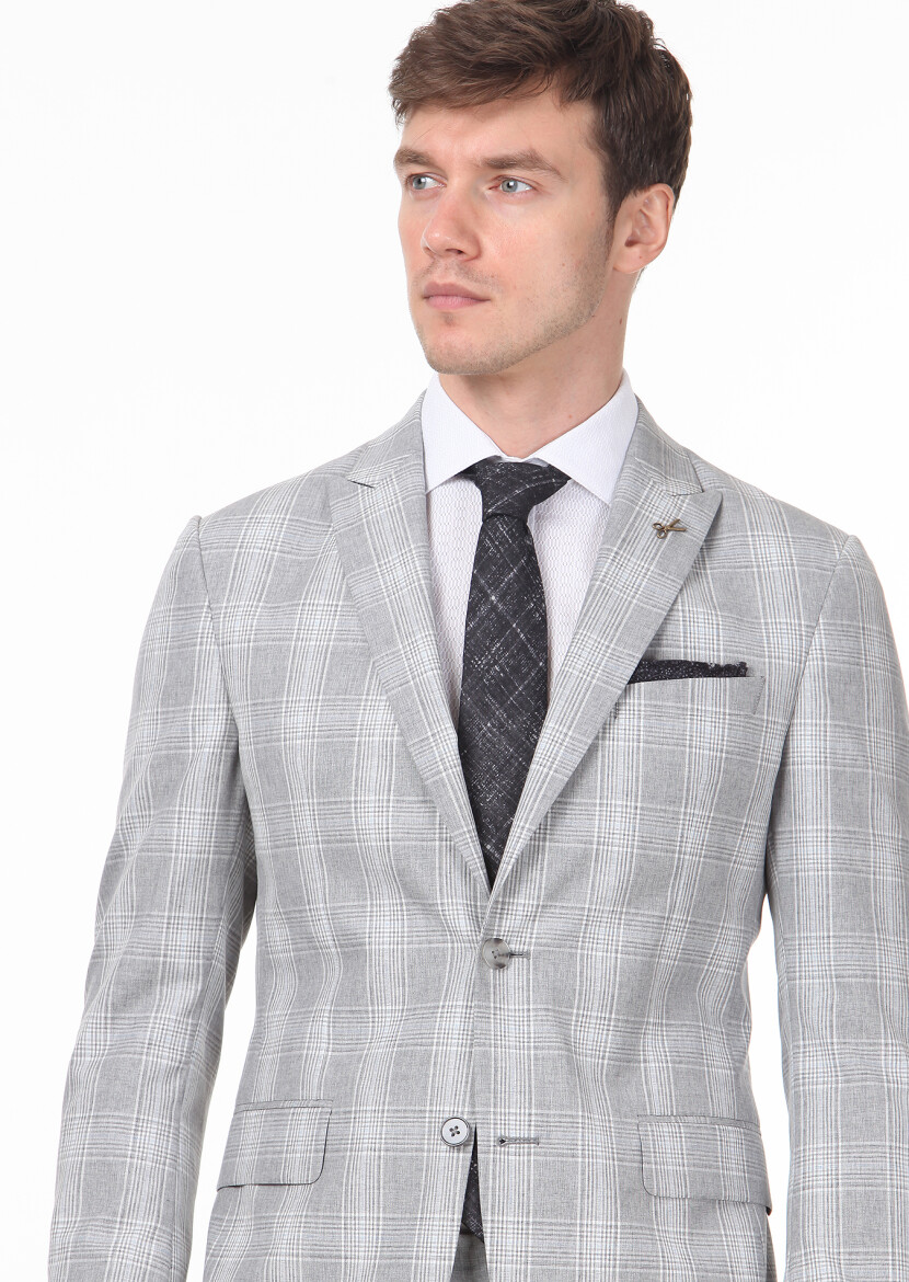Grey Checkered Zeroweight Slim Fit Silk Blended Suit - 2