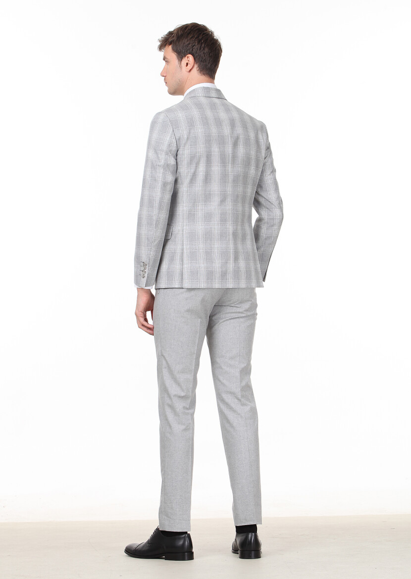 Grey Checkered Zeroweight Slim Fit Silk Blended Suit - 4