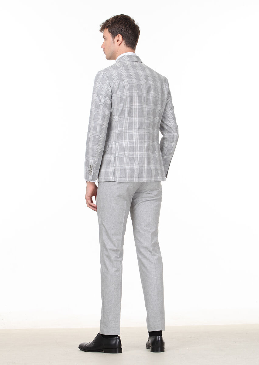 Grey Checkered Zeroweight Slim Fit Silk Blended Suit - 4