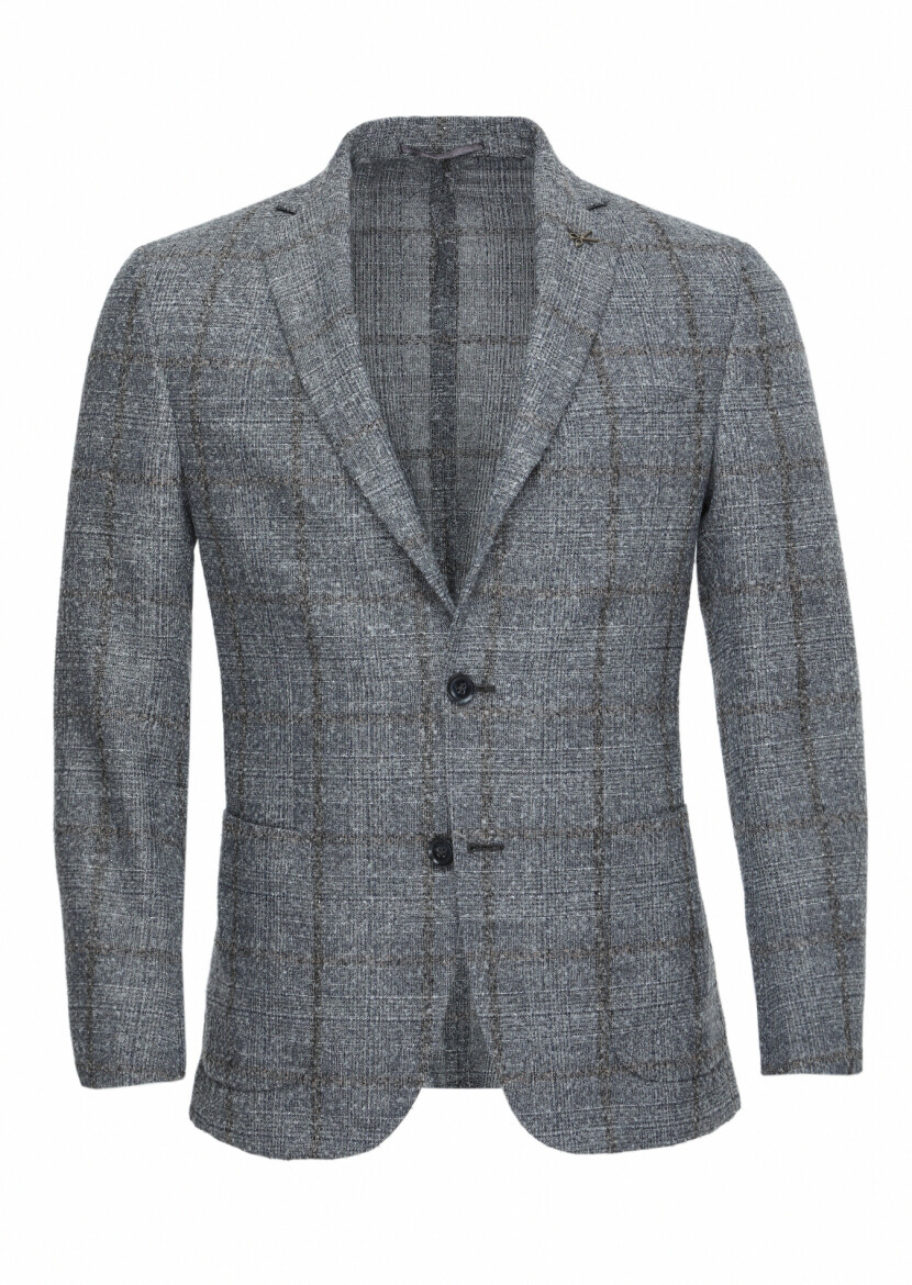 Grey Checkered Zeroweight Slim Fit Wool Blended Jacket - 1