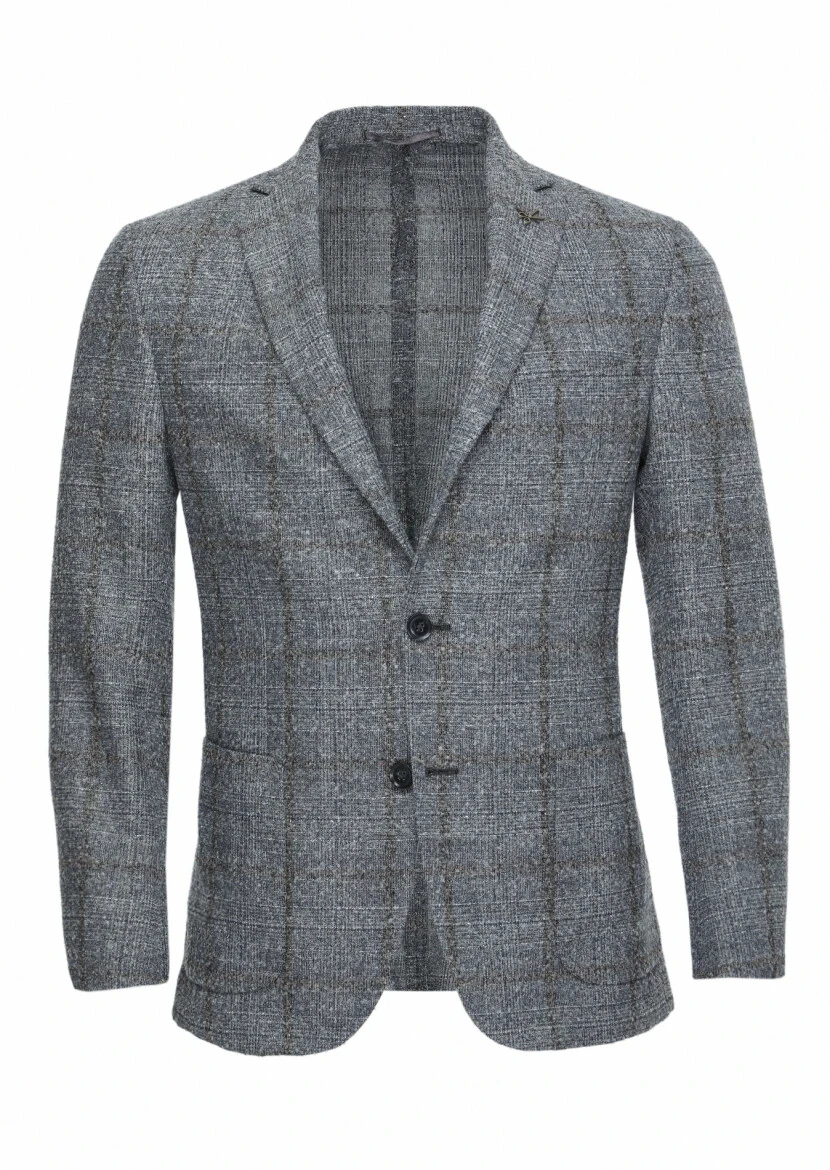 Grey Checkered Zeroweight Slim Fit Wool Blended Jacket - 1