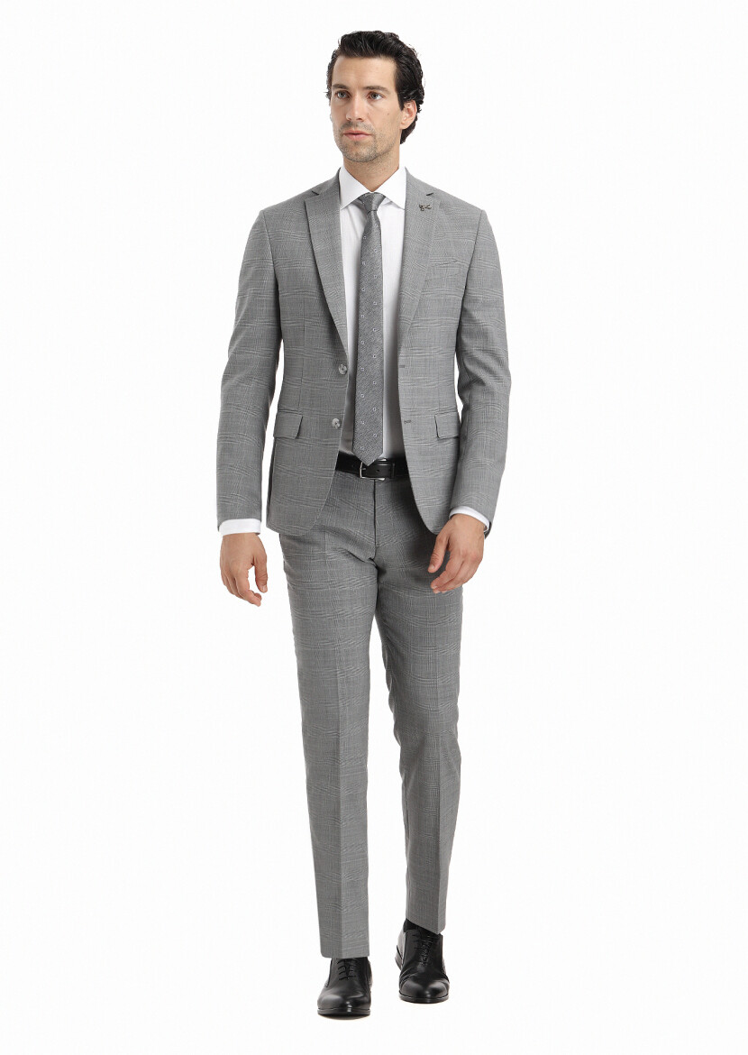 Grey Checkered Zeroweight Slim Fit Wool Blended Suit - 1