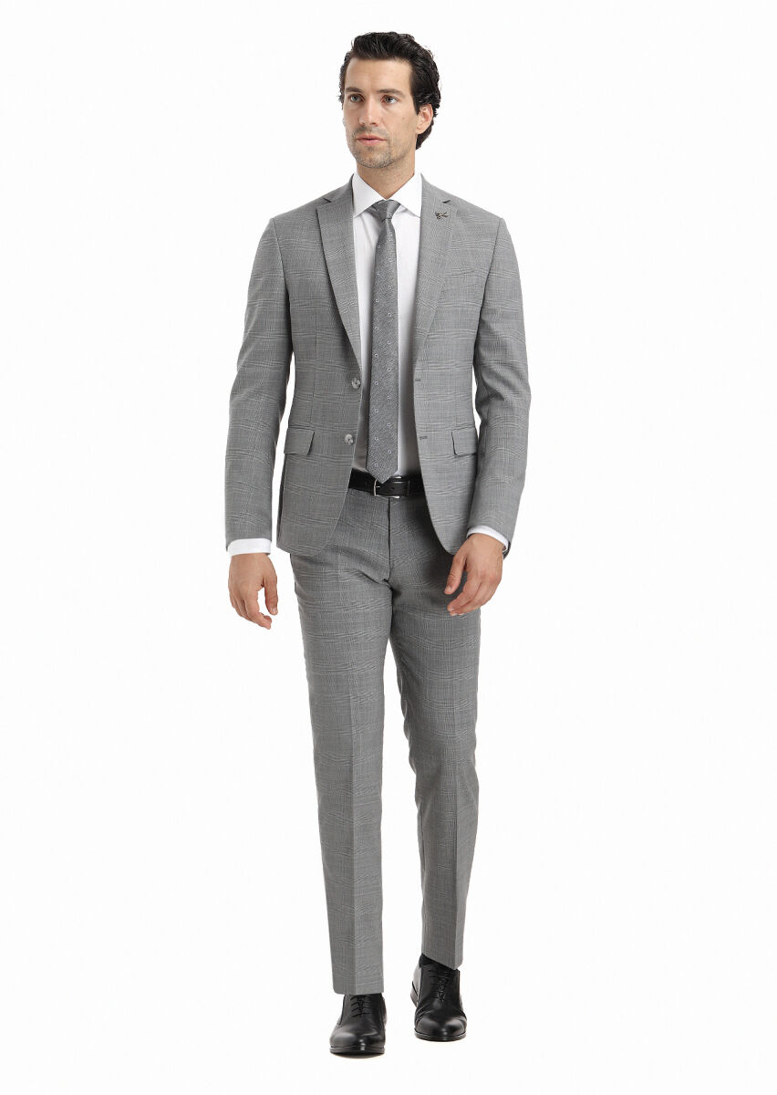 Grey Checkered Zeroweight Slim Fit Wool Blended Suit - 1