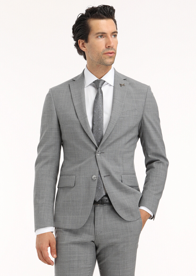 Grey Checkered Zeroweight Slim Fit Wool Blended Suit - 2