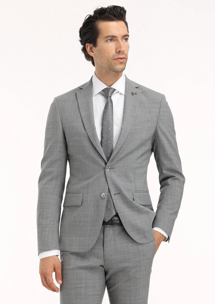 Grey Checkered Zeroweight Slim Fit Wool Blended Suit - 2