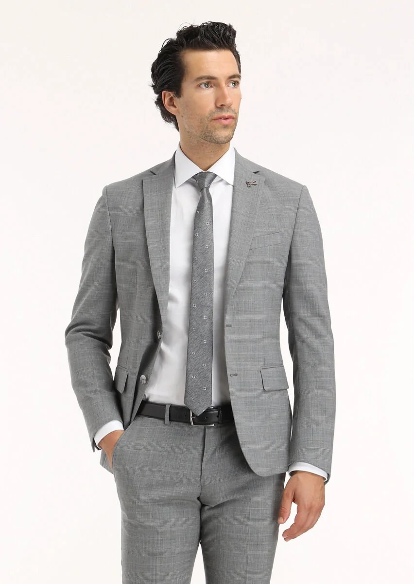 Grey Checkered Zeroweight Slim Fit Wool Blended Suit - 3