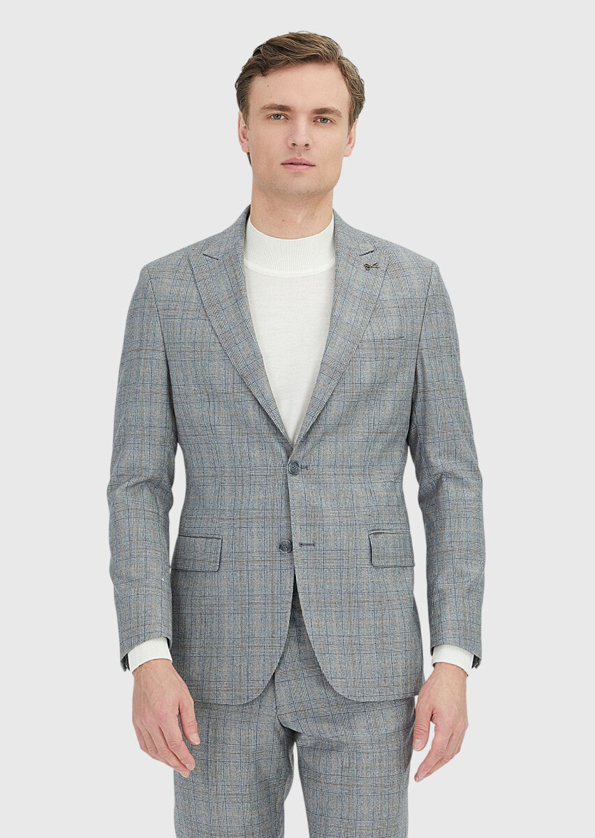 Grey Checkered Zeroweight Slim Fit Wool Blended Suit - 2