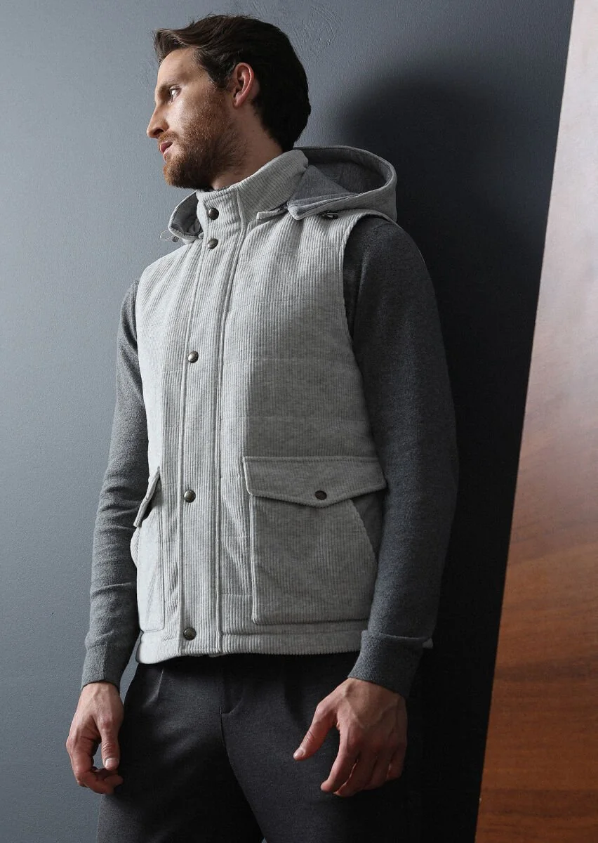 Grey Cotton Blended Weaving Puffer Vest - 1