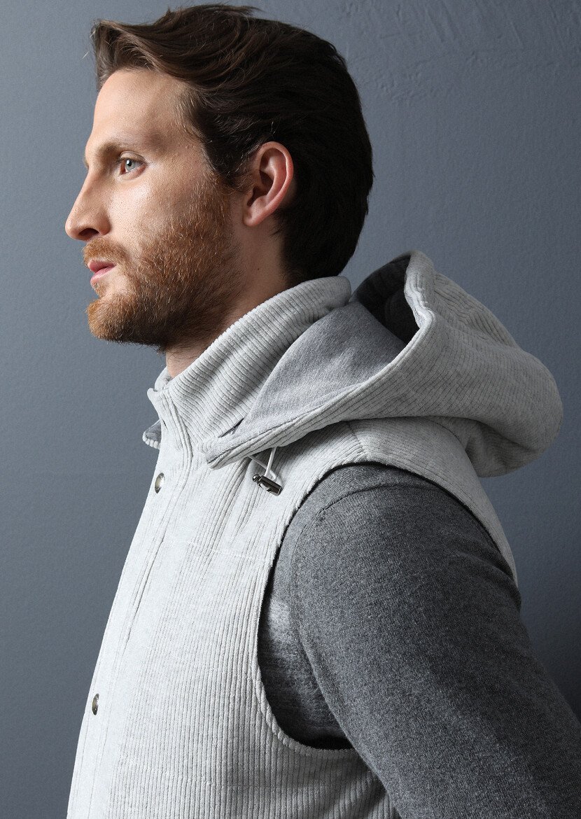 Grey Cotton Blended Weaving Puffer Vest - 2