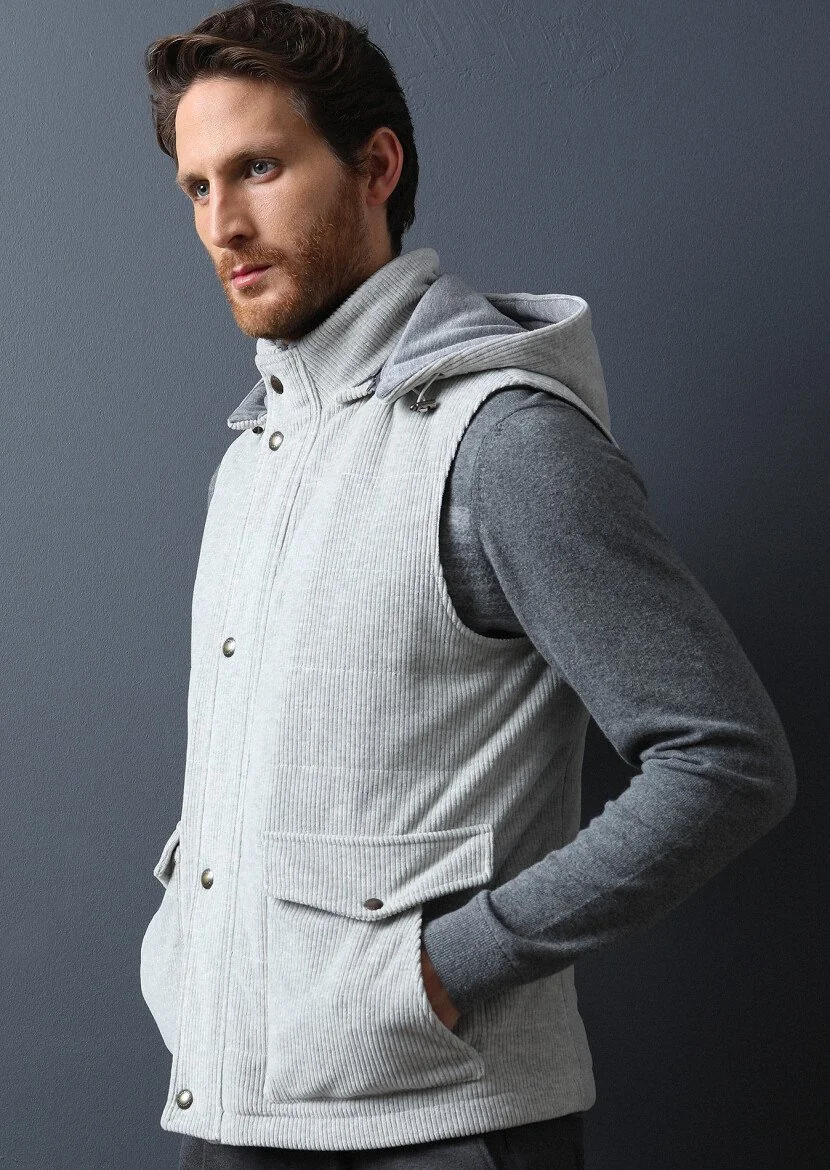 Grey Cotton Blended Weaving Puffer Vest - 3