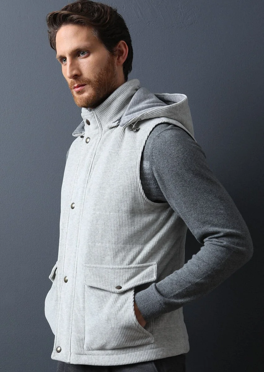 Grey Cotton Blended Weaving Puffer Vest - 3