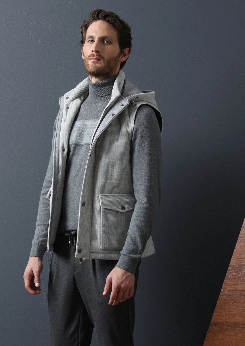 Grey Cotton Blended Weaving Puffer Vest - 4