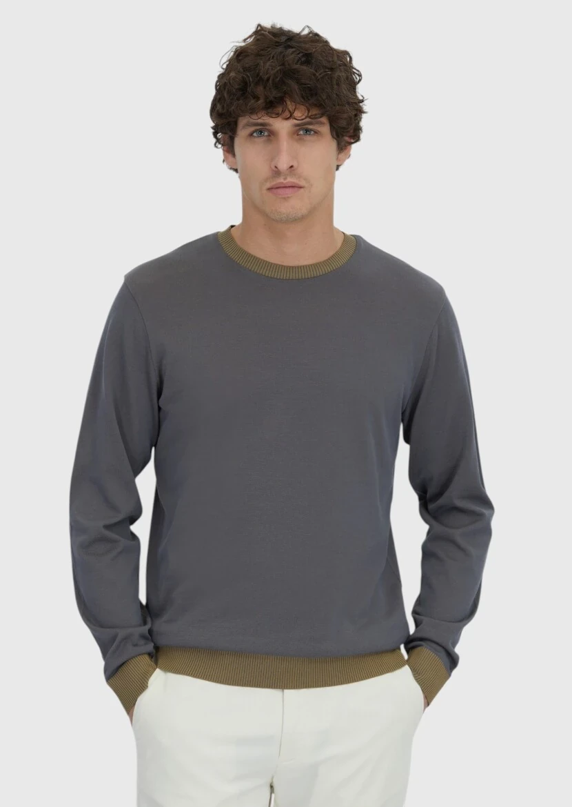 Grey Crew Neck Plain Sweatshirt - 1