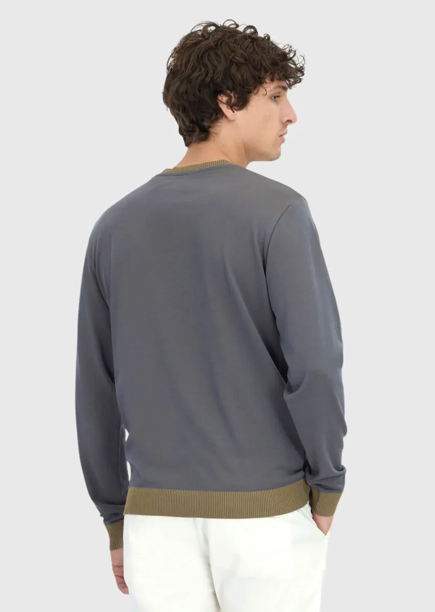 Grey Crew Neck Plain Sweatshirt - 5