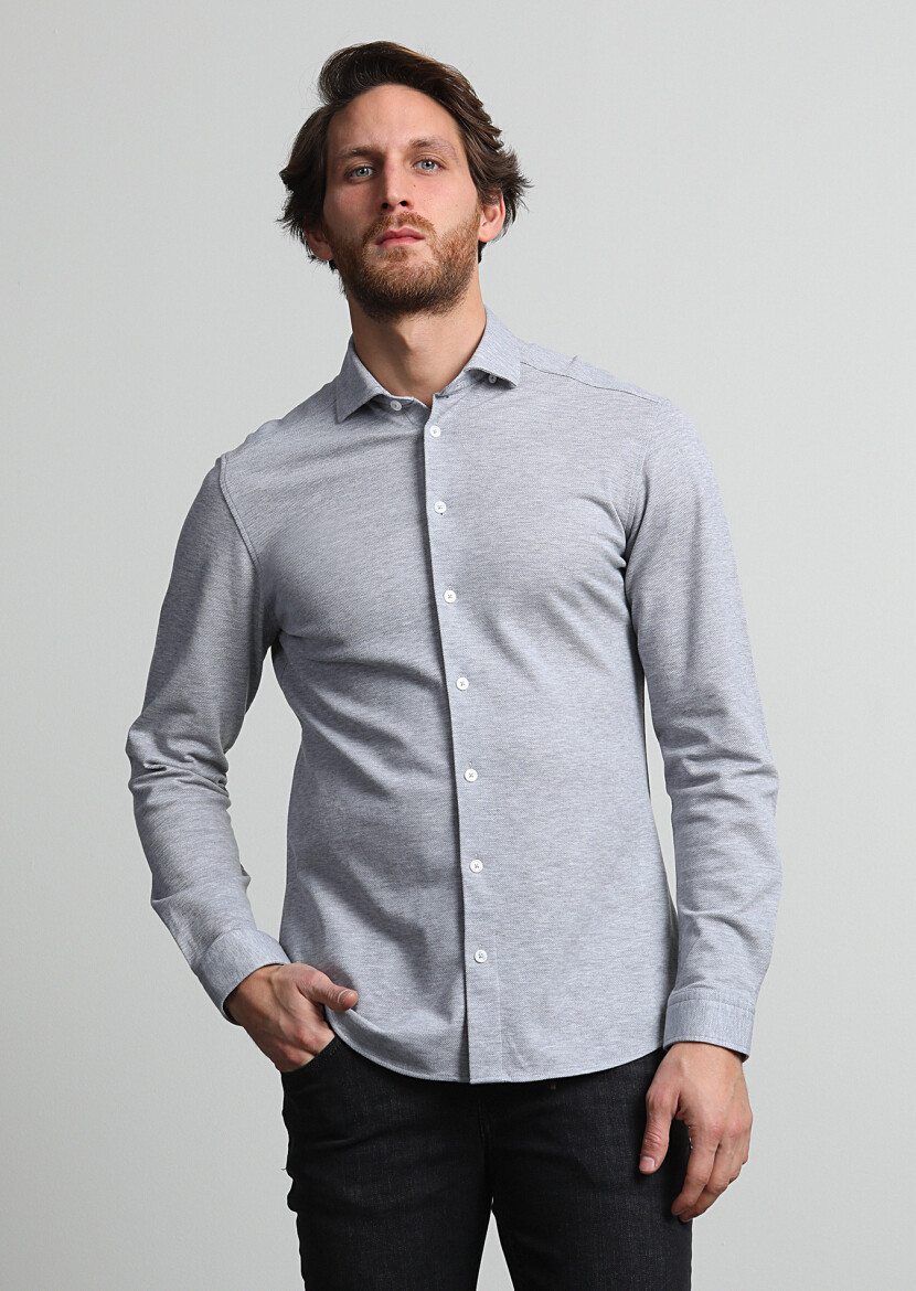Grey Fitted Fit Long Knitting Casual 100% Cotton Shirt - 2