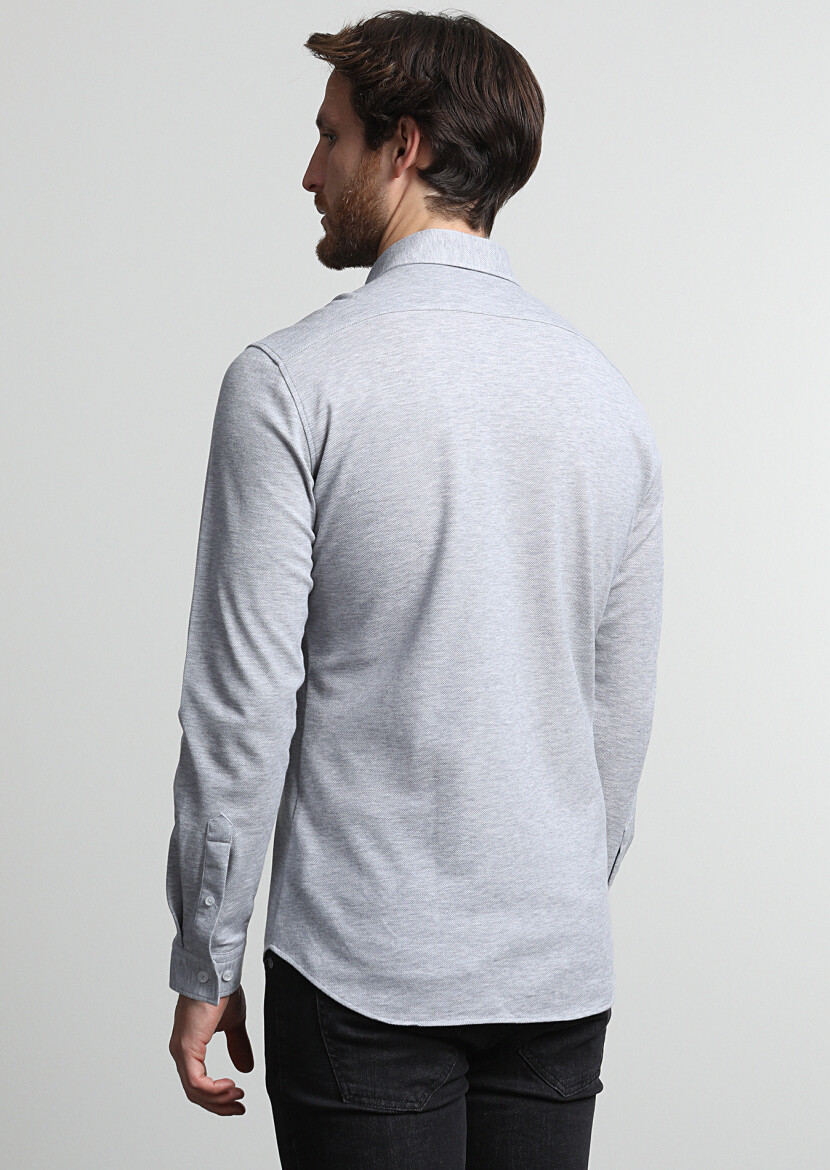 Grey Fitted Fit Long Knitting Casual 100% Cotton Shirt - 4