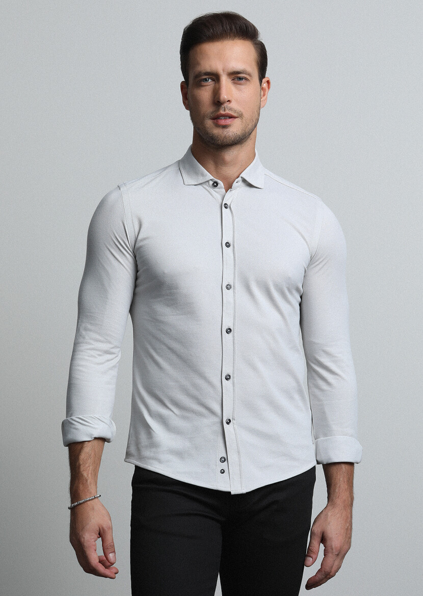 Grey Fitted Fit Long Knitting Casual Cotton Blended Shirt 
