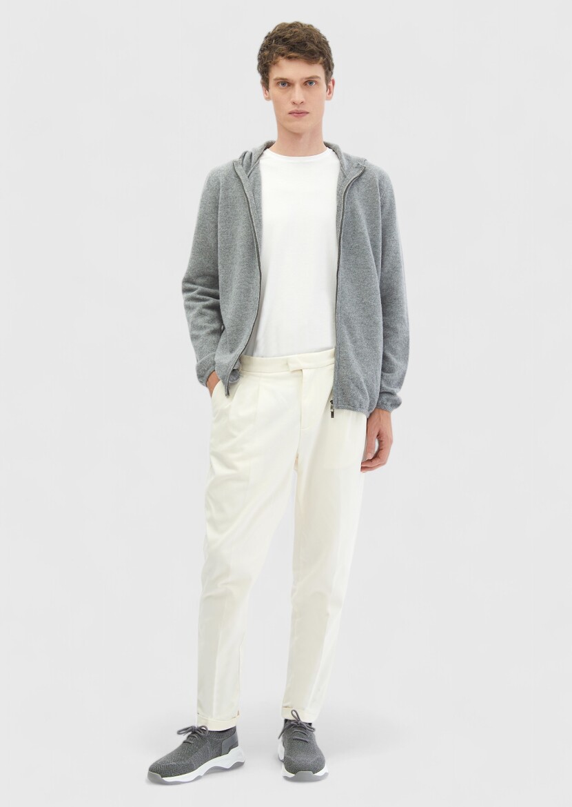 Grey Hooded Plain Knitting 100% Wool Cardigan - RAMSEY