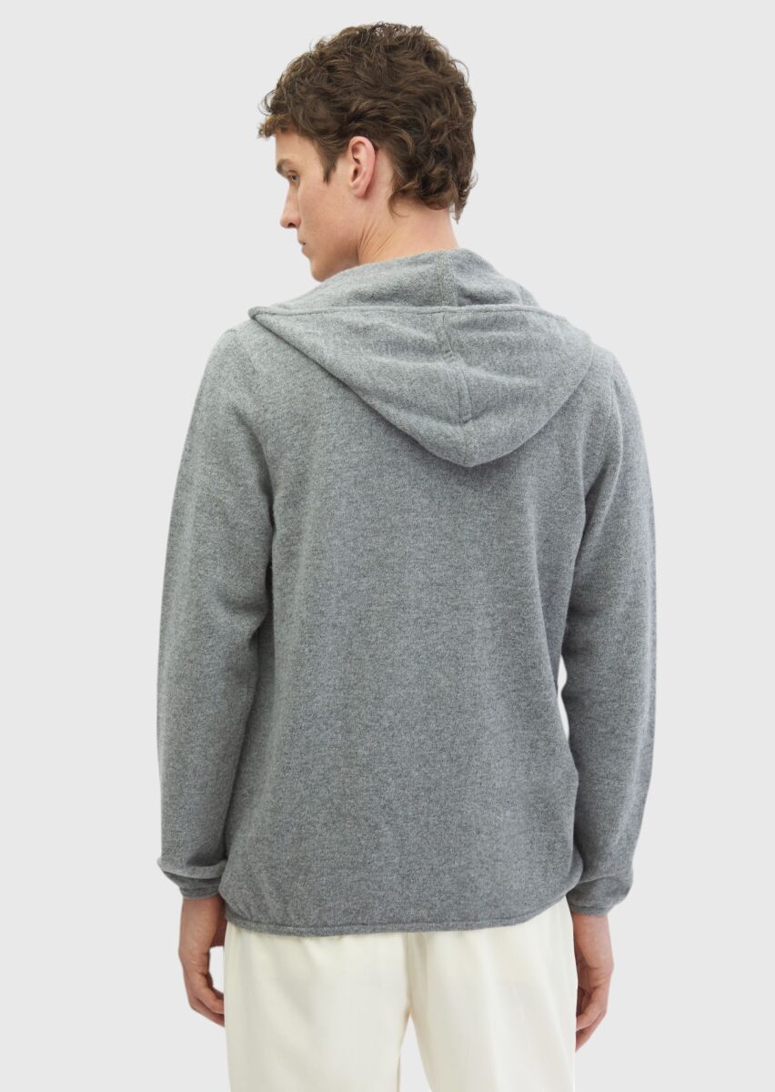 Grey Hooded Plain Knitting 100% Wool Cardigan - 6