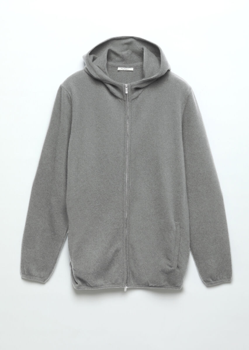 Grey Hooded Plain Knitting 100% Wool Cardigan - 7