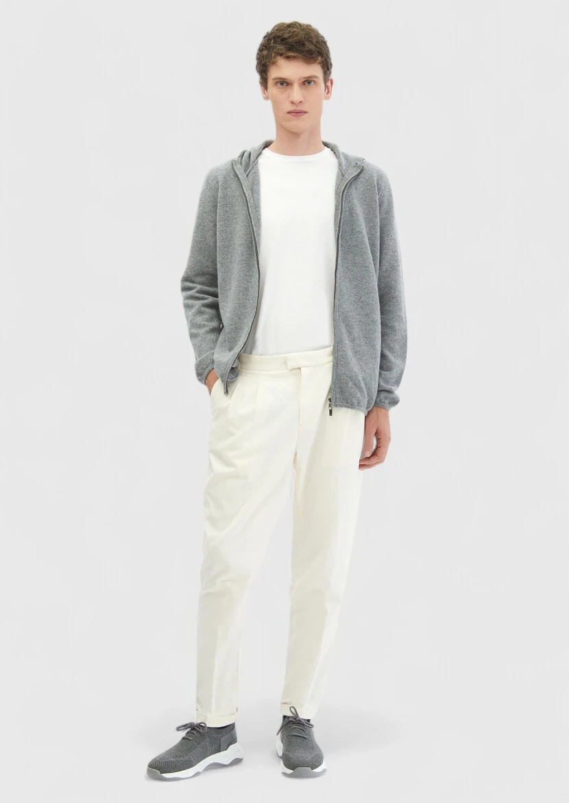 Grey Hooded Plain Knitting 100% Wool Cardigan 