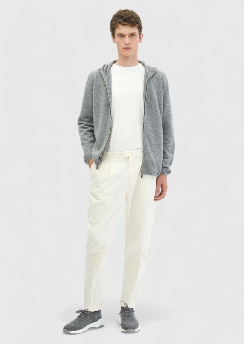 Grey Hooded Plain Knitting 100% Wool Cardigan - RAMSEY