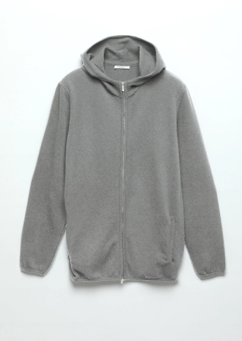 Grey Hooded Plain Knitting 100% Wool Cardigan - 7