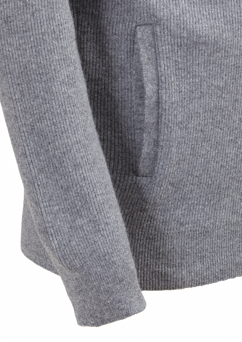 Grey Hooded Plain Knitting Wool Blended Cardigan - 3