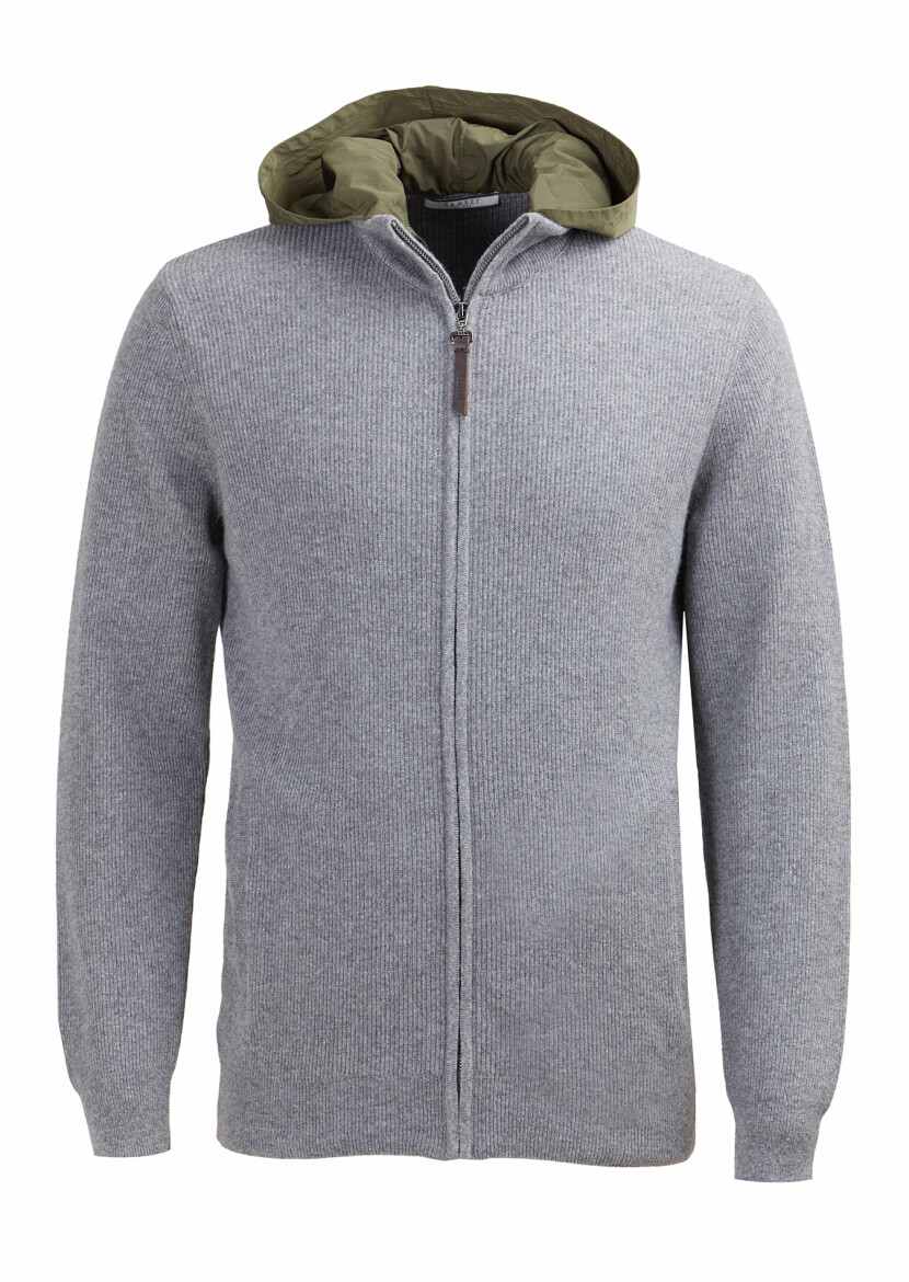 Grey Hooded Plain Knitting Wool Blended Cardigan 