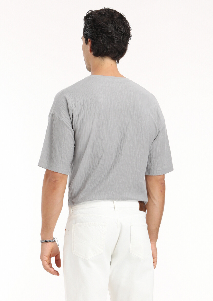Grey Jacquard Crew Neck 100% Cotton T-Shirt - 5
