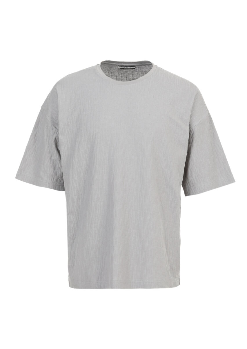 Grey Jacquard Crew Neck 100% Cotton T-Shirt - 6