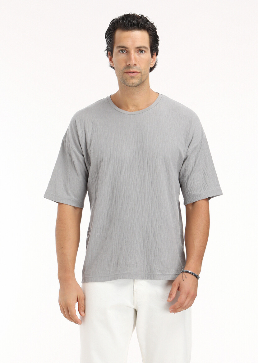 Grey Jacquard Crew Neck 100% Cotton T-Shirt - 2