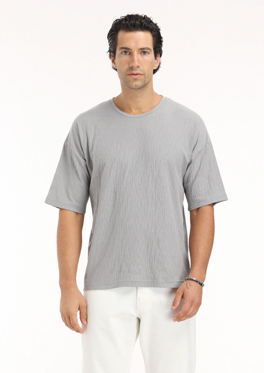 Grey Jacquard Crew Neck 100% Cotton T-Shirt - 2