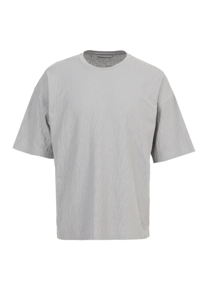 Grey Jacquard Crew Neck 100% Cotton T-Shirt - 7