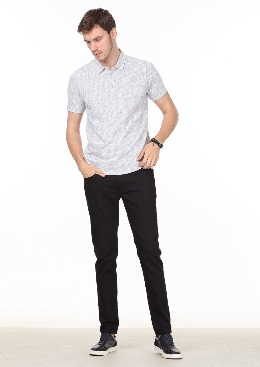 Grey Jacquard Polo Neck 100% Cotton T-Shirt - 3