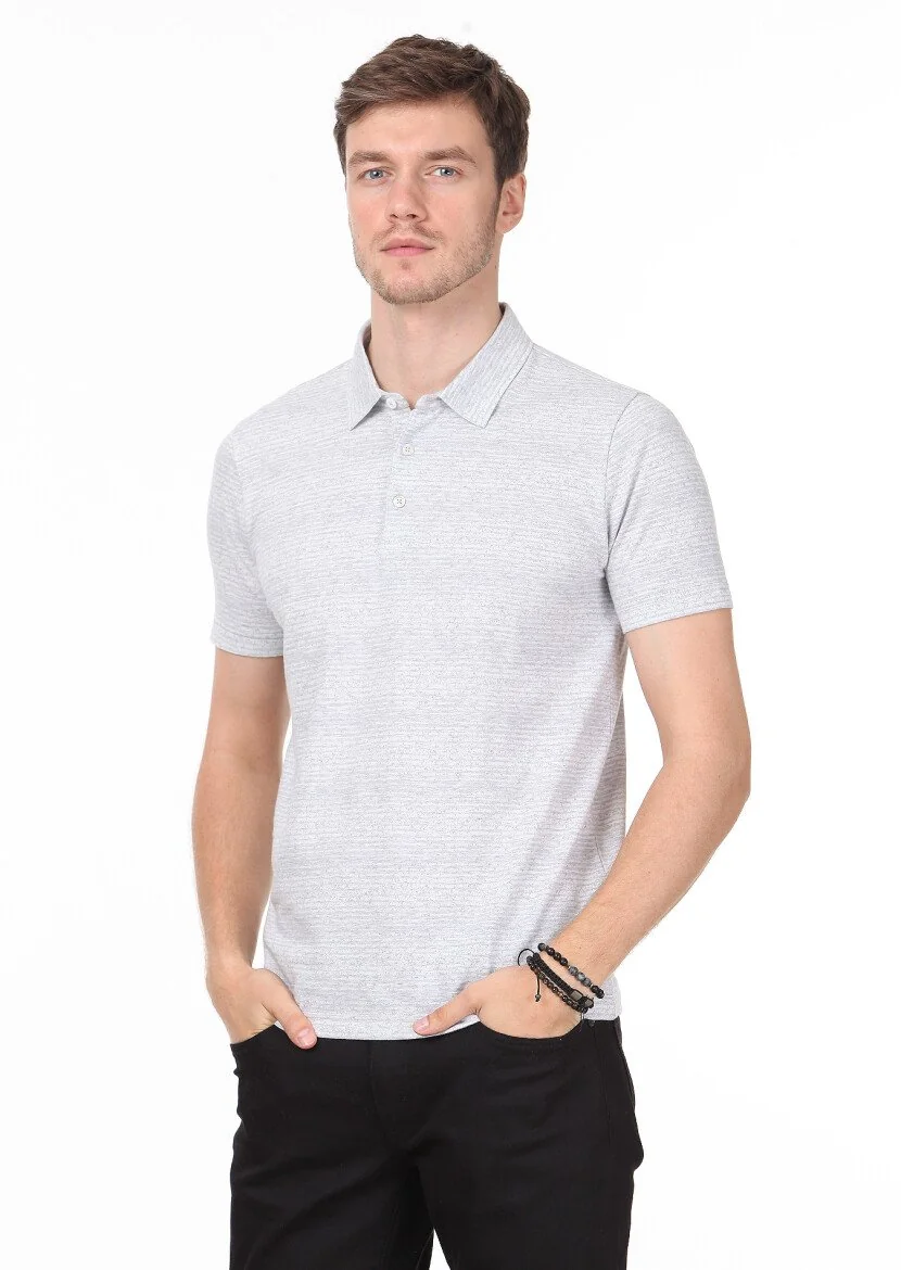 Grey Jacquard Polo Neck 100% Cotton T-Shirt 