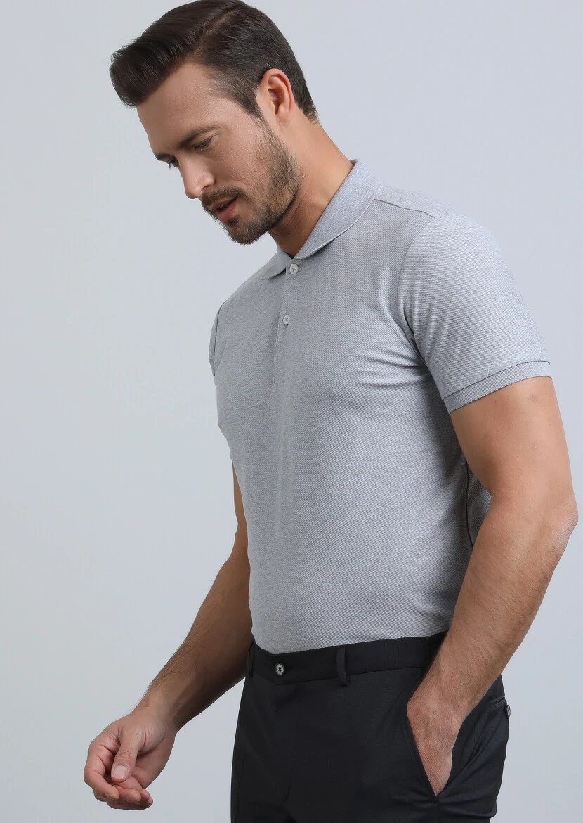 Grey Jacquard Polo Neck 100% Cotton T-Shirt - 1