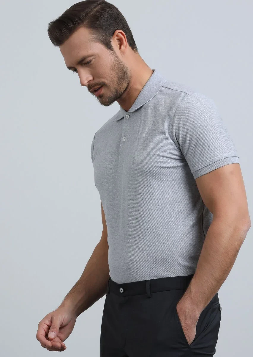 Grey Jacquard Polo Neck 100% Cotton T-Shirt - 1